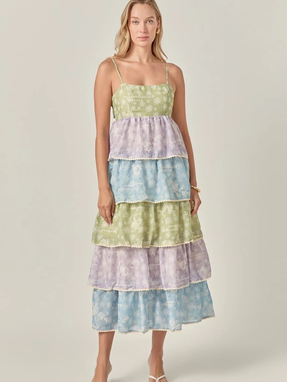 English Factory Tiered Maxi Dress in Green, Lavender & Blue purple pastel white